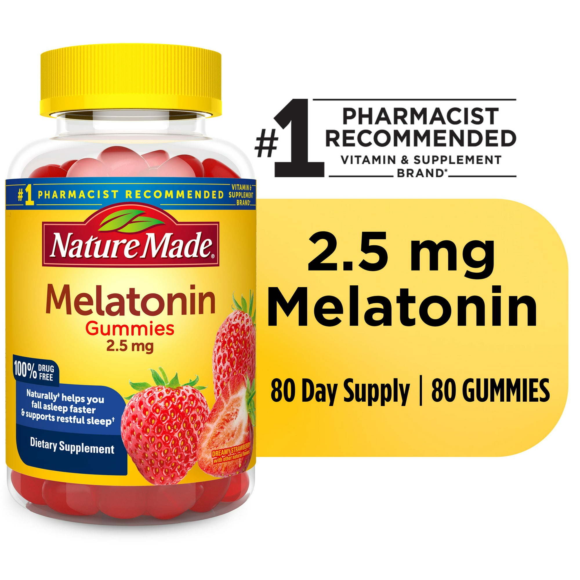 Nature Made Melatonin 2.5 mg Gummies, 100% Drug Free Sleep Aid for Adults, 80 Count Nature Made Melatonin 2.5 mg Gummies, 100% Drug Free Sleep Aid for Adults, 80 Count