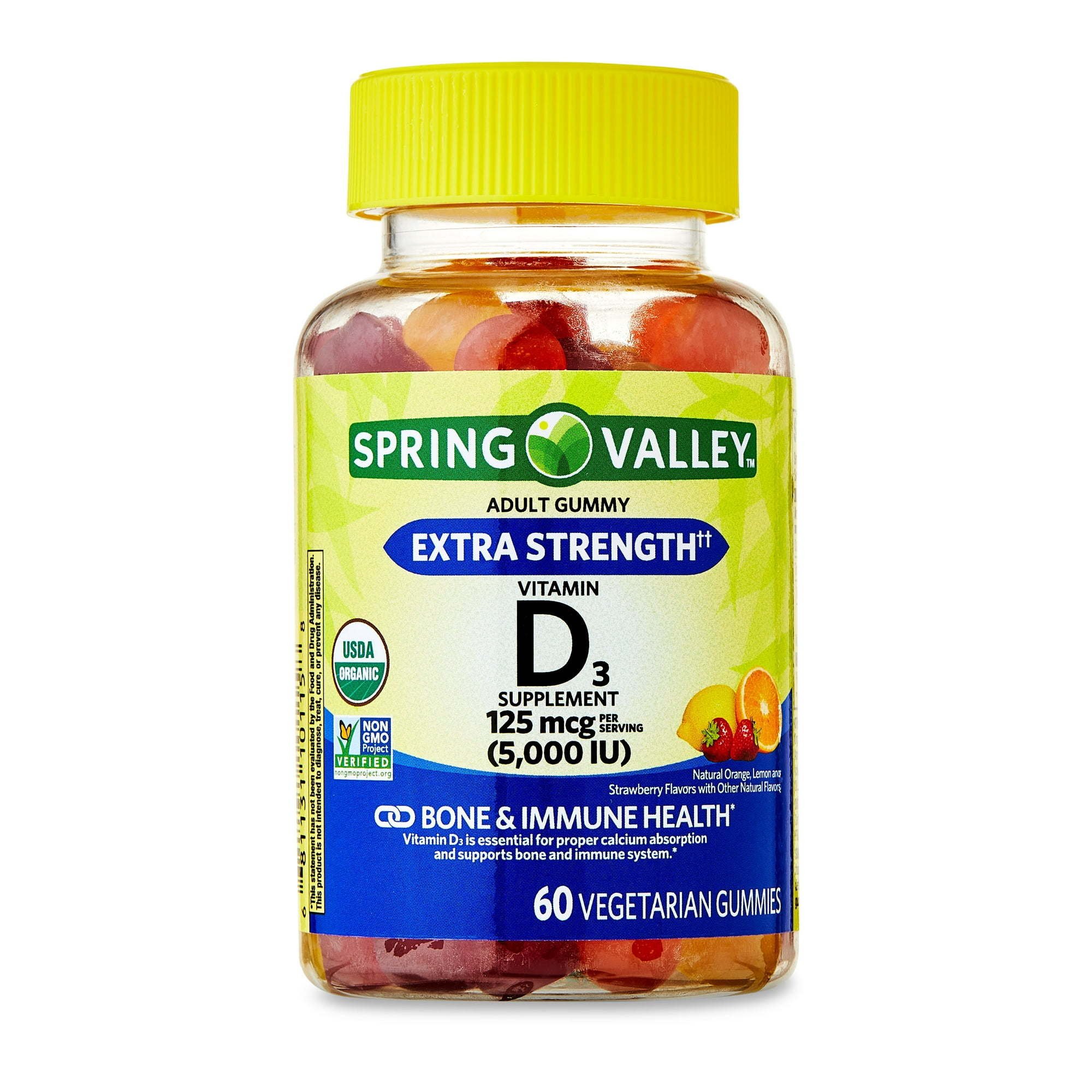 Spring Valley Extra Strength Vitamin D3 Bone & Immune Health Dietary Supplement Vegetarian Gummies, 125 mcg (5,000 IU), 60 Count Spring Valley Extra Strength Vitamin D3 Bone & Immune Health Dietary Supplement Vegetarian Gummies, 125 mcg (5,000 IU), 60 Count