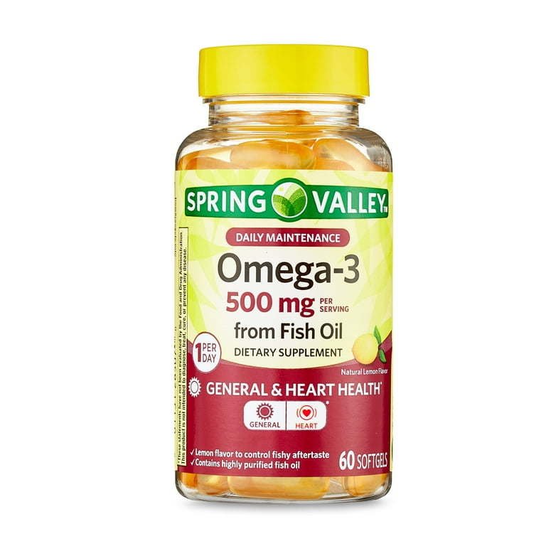 Spring Valley Omega-3 Fish Oil Softgels, Lemon, 500 mg, 60 Count Spring Valley Omega-3 Fish Oil Softgels, Lemon, 500 mg, 60 Count