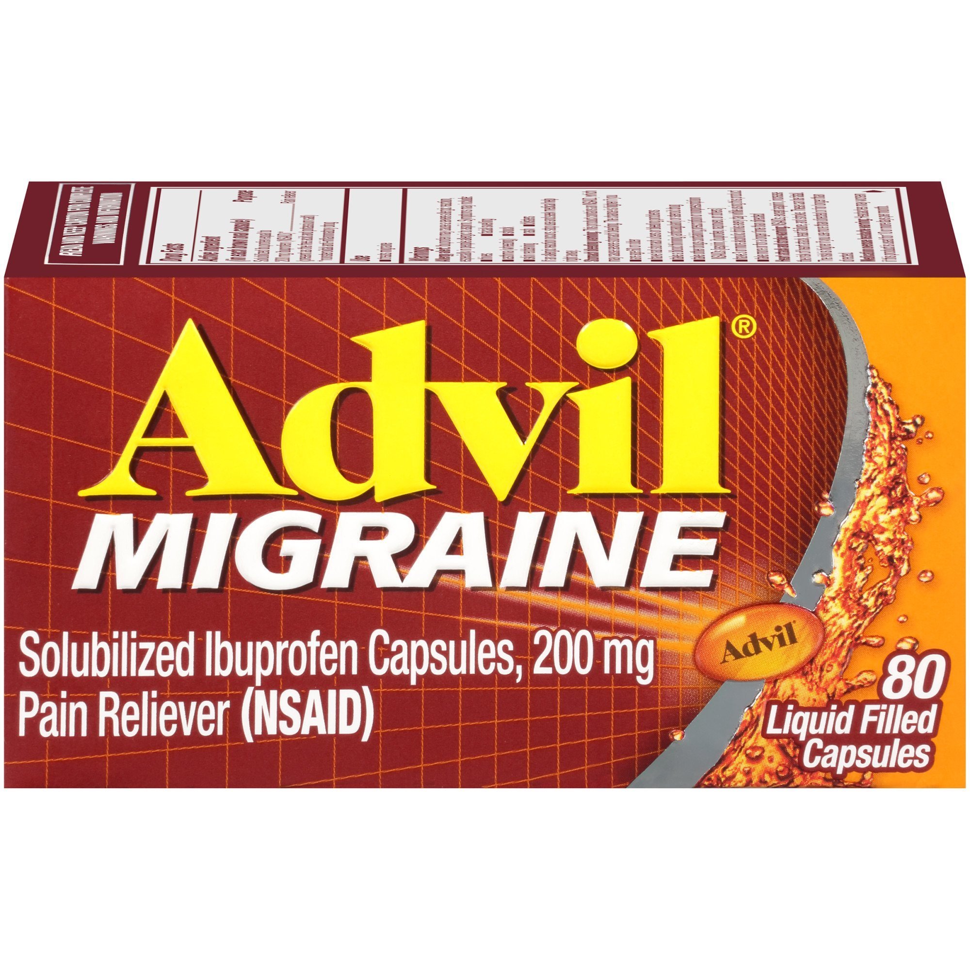 Advil Migraine Pain and Headache Reliever Ibuprofen Capsules; 200 mg; 80 Count Advil Migraine Pain and Headache Reliever Ibuprofen Capsules; 200 mg; 80 Count