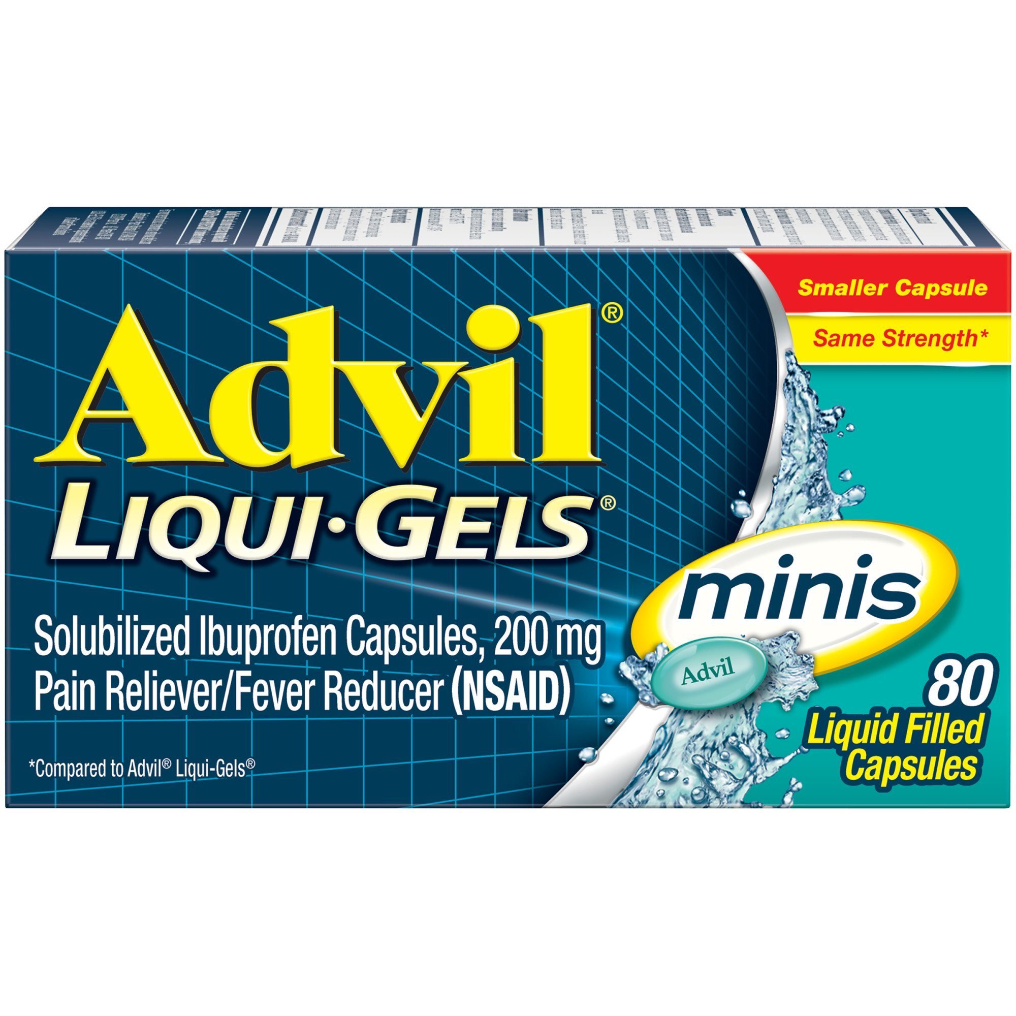 Advil Liqui-Gels Minis Pain and Headache Reliever Ibuprofen Capsules; 200 mg; 80 Count Advil Liqui-Gels Minis Pain and Headache Reliever Ibuprofen Capsules; 200 mg; 80 Count