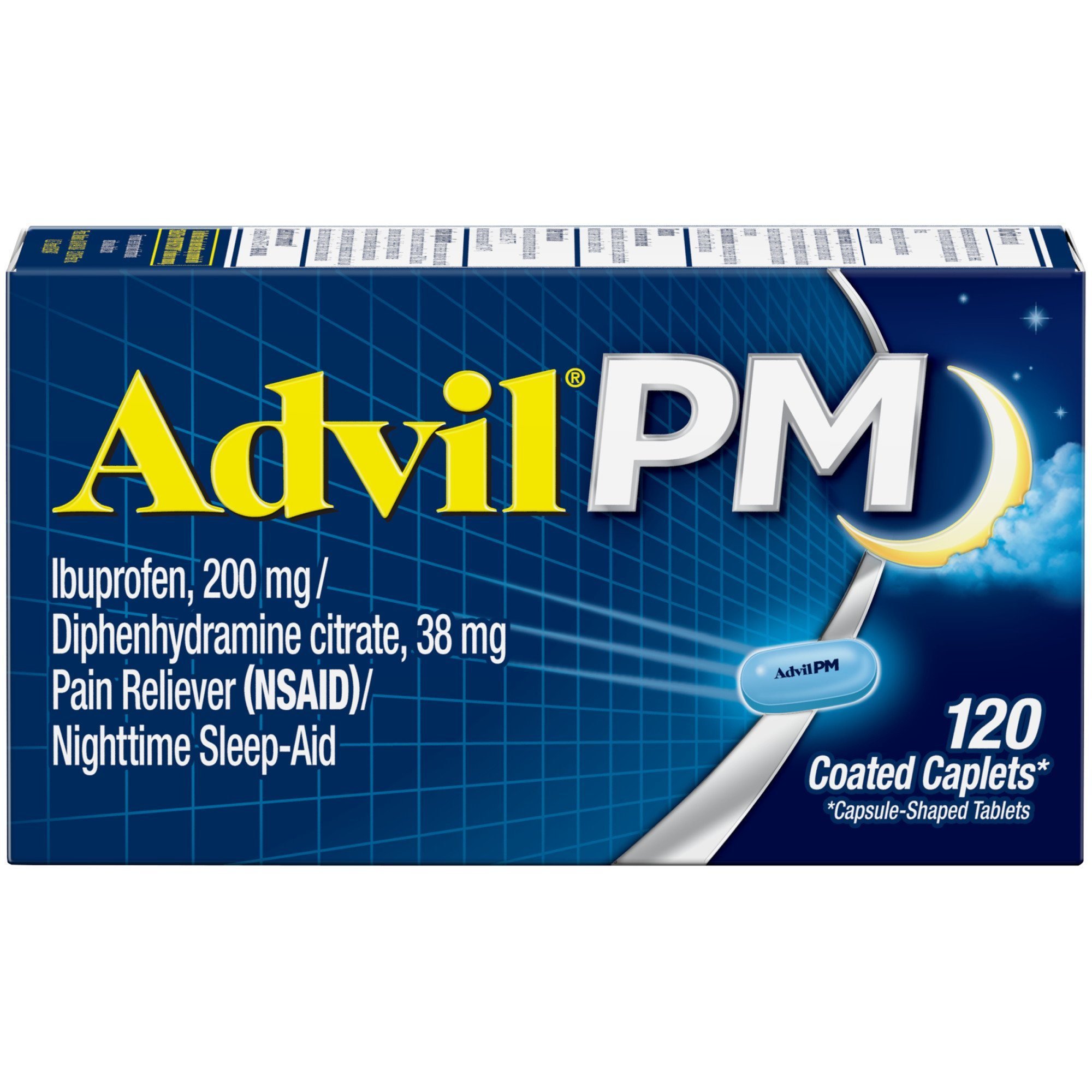 Advil PM Pain and Headache Reliever Ibuprofen Caplets; 200 mg; 120 Count Advil PM Pain and Headache Reliever Ibuprofen Caplets; 200 mg; 120 Count
