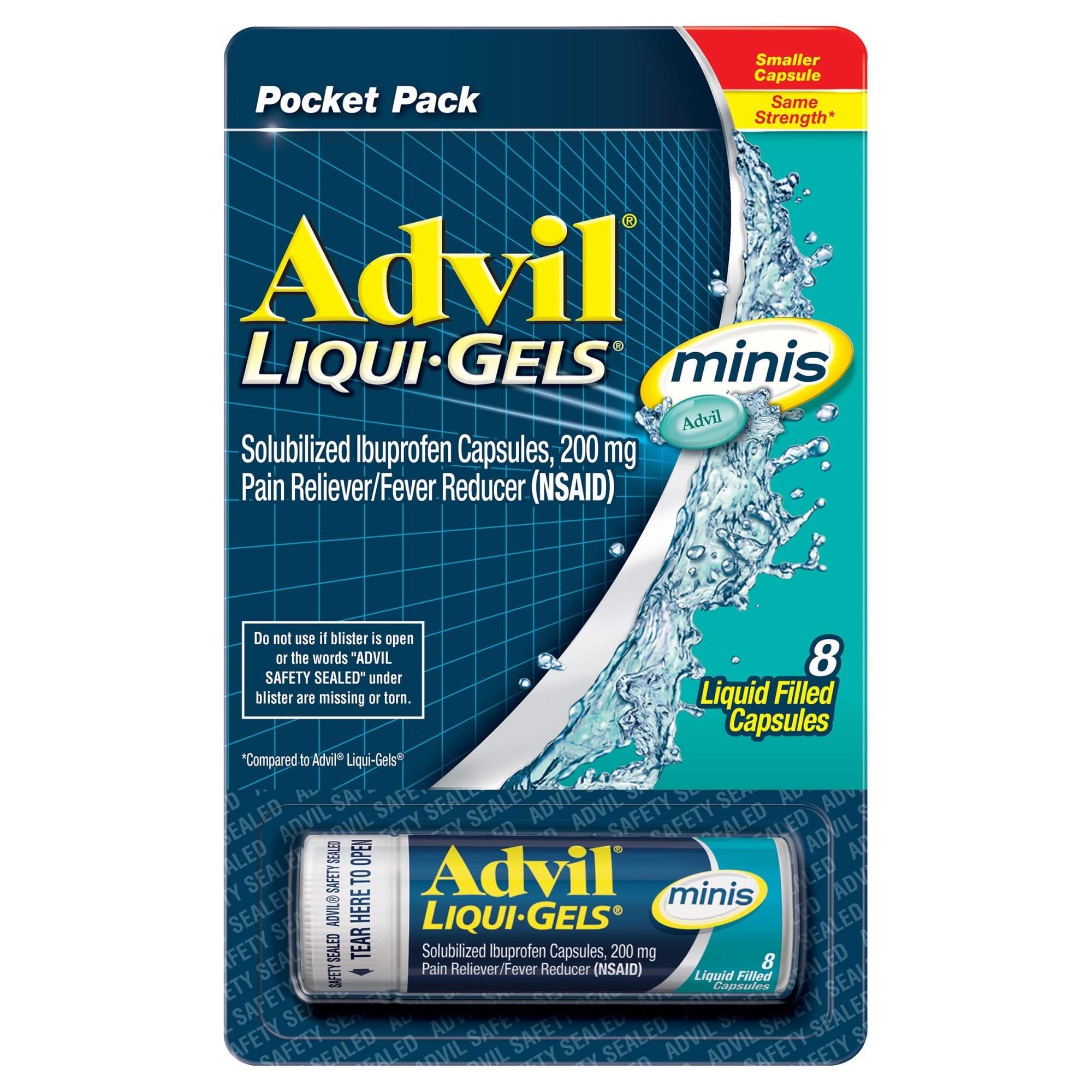 Advil Liqui-Gels Minis Pain and Headache Reliever Ibuprofen Capsules; 200 mg; 8 Count Advil Liqui-Gels Minis Pain and Headache Reliever Ibuprofen Capsules; 200 mg; 8 Count